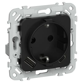 FLITE Розетка 1-местная с заземлением с защитными шторками 16А с USB A+C 20Вт РСЮшс11-0-ФлЧ черный I