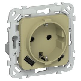 FLITE Розетка 1-местная с заземлением с защитными шторками 16А с USB A+C 20Вт РСЮшс11-0-ФлО оливковы