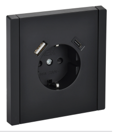 Розетка 1-местная с заземлением с защитными шторками винтовое крепление 16А USB A+C 18Вт FP147,  FORTE&PIANO,черный, IEK FP-R14-16-U22-018-K02