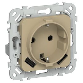 FLITE Розетка 1-местная с заземлением с защитными шторками 16А с USB A+A 3,1А РСЮша11-0-ФлХ хаки IEK