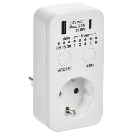 РТЭ-4 Розетка-таймер электронный с USB A+C 15мин-8ч 16А IP20 белый IEK