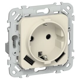 FLITE Розетка 1-местная с заземлением с защитными шторками 16А с USB A+A 3,1А РСЮша11-0-ФлСл сливочн