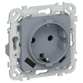 FLITE Розетка 1-местная с заземлением с защитными шторками 16А с USB A+C 20Вт РСЮшс11-0-ФлМ маренго 