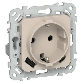 FLITE Розетка 1-местная с заземлением с защитными шторками 16А с USB A+C 20Вт РСЮшс11-0-ФлЛ льняной 