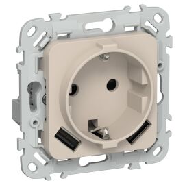 FLITE Розетка 1-местная с заземлением с защитными шторками 16А с USB A+A 3,1А РСЮша11-0-ФлЛ льняной 