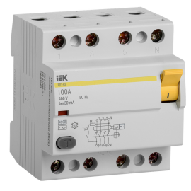 Выключатель дифференциальный ВД1-63 4Р100А 30мА, IEK MDV10-4-100-030