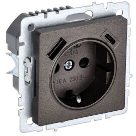 BRITE Розетка 1-местная с заземлением с защитными шторками 16А с USB A+C 18Вт РЮш11-1-БрТБ темная бр