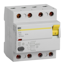 Выключатель дифференциальный ВД1-63 4Р 25А 10мА тип А, IEK MDV11-4-025-010
