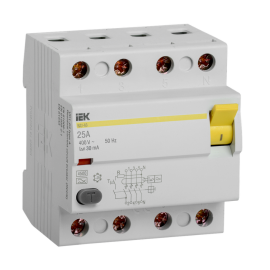 Выключатель дифференциальный ВД1-63 4Р 25А 30мА тип А, IEK MDV11-4-025-030