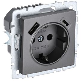 BRITE Розетка 1-местная с заземлением с защитными шторками 16А с USB A+C 18Вт РЮш11-1-БрС сталь IEK