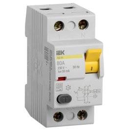 Выключатель дифференциальный ВД1-63 2Р 80А 30мА, IEK MDV10-2-080-030