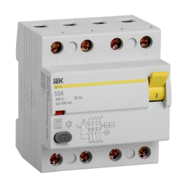 Выключатель дифференциальный ВД1-63 4Р 50А 100мА тип А, IEK MDV11-4-050-100