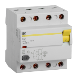 Выключатель дифференциальный ВД1-63 4Р 63А 100мА тип А, IEK MDV11-4-063-100