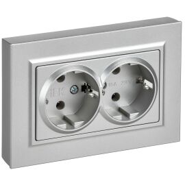 BRITE Розетка 2-местная с заземлением без защитных шторок плоская 16А в сборе РСПл12-3-БрА алюминий 