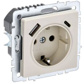 BRITE Розетка 1-местная с заземлением с защитными шторками 16А с USB A+C 18Вт РЮш11-1-БрКр бежевый I