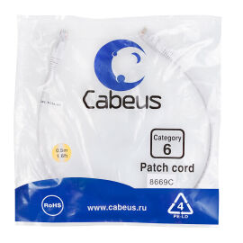 Патч-корд 4 пары, 2хRJ45, 0.5м, Кат.6, UTP, белый, PVC, Cabeus PC-UTP-RJ45-Cat.6-0.5m-WH