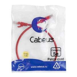 Патч-корд 4 пары, 2хRJ45, 0.5м, Кат.5e, UTP, красный, LSZH, Cabeus PC-UTP-RJ45-Cat.5e-0.5m-RD-LSZH