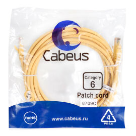 Патч-корд 4 пары, 2хRJ45, 5м, Кат.6, UTP, желтый, PVC, Cabeus PC-UTP-RJ45-Cat.6-5m-YL