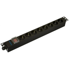 Блок розеток 19", 1U, 8 гнёзд (Schuko), 16A, с LED выключателем, черный, без кабеля, DANNMAN 7000390