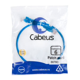 Патч-корд 4 пары, 2хRJ45, 0,5м, Кат.6, UTP, синий, PVC, Cabeus PC-UTP-RJ45-Cat.6-0.5m-BL 