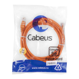 Патч-корд 4 пары, 2хRJ45, 2м, Кат.5e, UTP, оранжевый, PVC, Cabeus PC-UTP-RJ45-Cat.5e-2m-OR