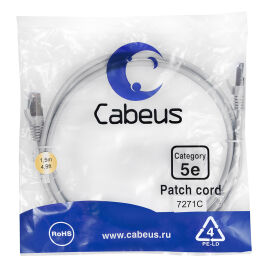 Патч-корд 4 пары, 2хRJ45, 1.5м, Кат.5e, FTP, серый, PVC, Cabeus PC-FTP-RJ45-Cat.5e-1.5m