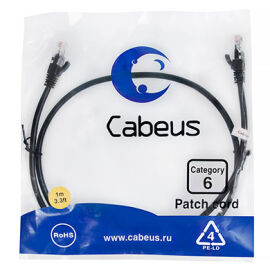 Патч-корд 4 пары, 2хRJ45, 1м, Кат.6, UTP, черный, PVC, Cabeus PC-UTP-RJ45-Cat.6-1m-BK 