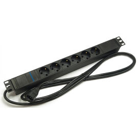 Блок розеток 19", 1U, 6 гнёзд (Schuko), вход C14, 10A, черный, кабель 2.5м, DANNMAN 7000280