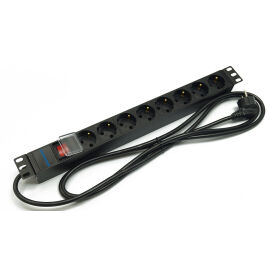 Блок розеток 19", 1U, 8 гнёзд (Schuko), 16A, с LED выключателем, черный, кабель 2,5м, DANNMAN 7000440