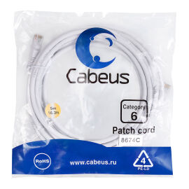 Патч-корд 4 пары, 2хRJ45, 5м, Кат.6, UTP, белый, PVC, Cabeus PC-UTP-RJ45-Cat.6-5m-WH