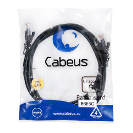 Патч-корд 4 пары, 2хRJ45, 2м, Кат.6, UTP, черный, PVC, Cabeus PC-UTP-RJ45-Cat.6-2m-BK