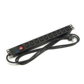 Блок розеток 19", 1U, 10 гнёзд, вход C13, 16A, с LED выключателем, черный, кабель 2.5м, DANNMAN 7000200