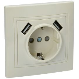 KVARTA Розетка с заземлением с защитными шторками 16А USBх2 2,1А РЮш10-1-ККм кремовый GENERICA