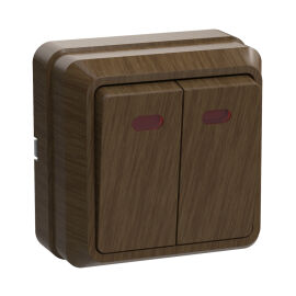 Выключатель 2-клавишный с индикацией, открытой установки, 10А, ВС20-2-1-ОД, дуб, IEK EVO21-K04-10-DC