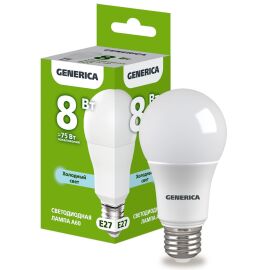 Лампа светодиодная A60 груша 8Вт 230В 6500К E27 GENERICA