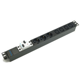 Блок розеток 19", 1U, 3 гнезда (Schuko)+4 гнезда, вход C13, 32A, черный, без кабеля, DANNMAN 7000730