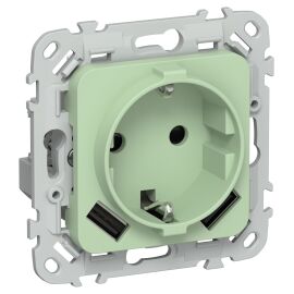 FLITE Розетка 1-местная с заземлением с защитными шторками 16А с USB A+A 3,1А РСЮша11-0-ФлФ фисташко