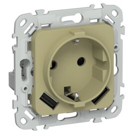 FLITE Розетка 1-местная с заземлением с защитными шторками 16А с USB A+A 3,1А РСЮша11-0-ФлО оливковы