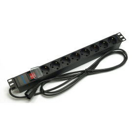 Блок розеток 19", 1U, 8 гнезд (Schuko), вход C14, 10A, с LED выкл., черн., каб. 2,5м,DANNMAN 7000380