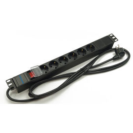 Блок розеток 19", 1U, 6 гнезд (Schuko), 16A, с LED выкл., черный, кабель 2,5м, DANNMAN 7000300
