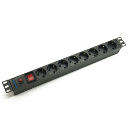 Блок розеток 19", 1U, 8 гнезд (Schuko), вход C14, 10А, с LED выкл., чер., без каб., DANNMAN 7000920