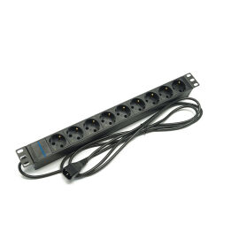 Блок розеток 19", 1U, 9 гнезд (Schuko), вход C14, 10А, черный, кабель 2,5м, DANNMAN 7000420