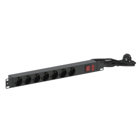 Блок розеток 19", 1U, 7 гнезд (Schuko), 16А, с LED выкл., черный, кабель 3м, ССД 130411-02077