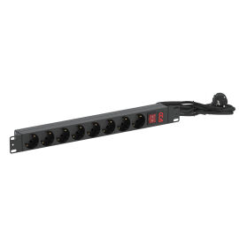 Блок розеток 19", 1U, 8 гнезд (Schuko), 16А, с LED выкл., черный, кабель 3м, ССД 130411-02076