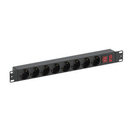 Блок розеток 19", 1U, 8 гнезд (Schuko), вход C14, 10A, с LED выкл, черный, без каб, ССД 130411-02069