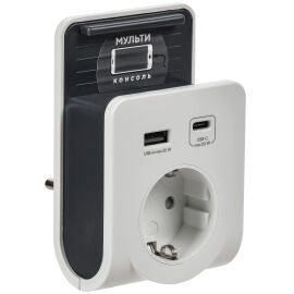 Адаптер Т-03/01 1 место 2P+PE 16А 2хUSB A+C 20Вт с подставкой бело-черный IEK