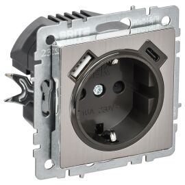 BRITE Розетка 1-местная с заземлением с защитными шторками 16А с USB A+C 18Вт РЮш11-1-БрГН металл хр