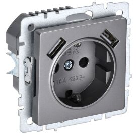 BRITE Розетка 1-местная с заземлением с защитными шторками 16А с USB A+A 5В 2,1А РЮш10-1-БрС сталь I