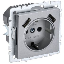 BRITE Розетка 1-местная с заземлением с защитными шторками 16А с USB A+A 5В 3,1А РЮш10-2-БрА алюмини