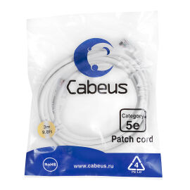 Патч-корд 4 пары, 2хRJ45, 3м, Кат.5e, UTP, белый, PVC, Cabeus PC-UTP-RJ45-Cat.5e-3m-WH